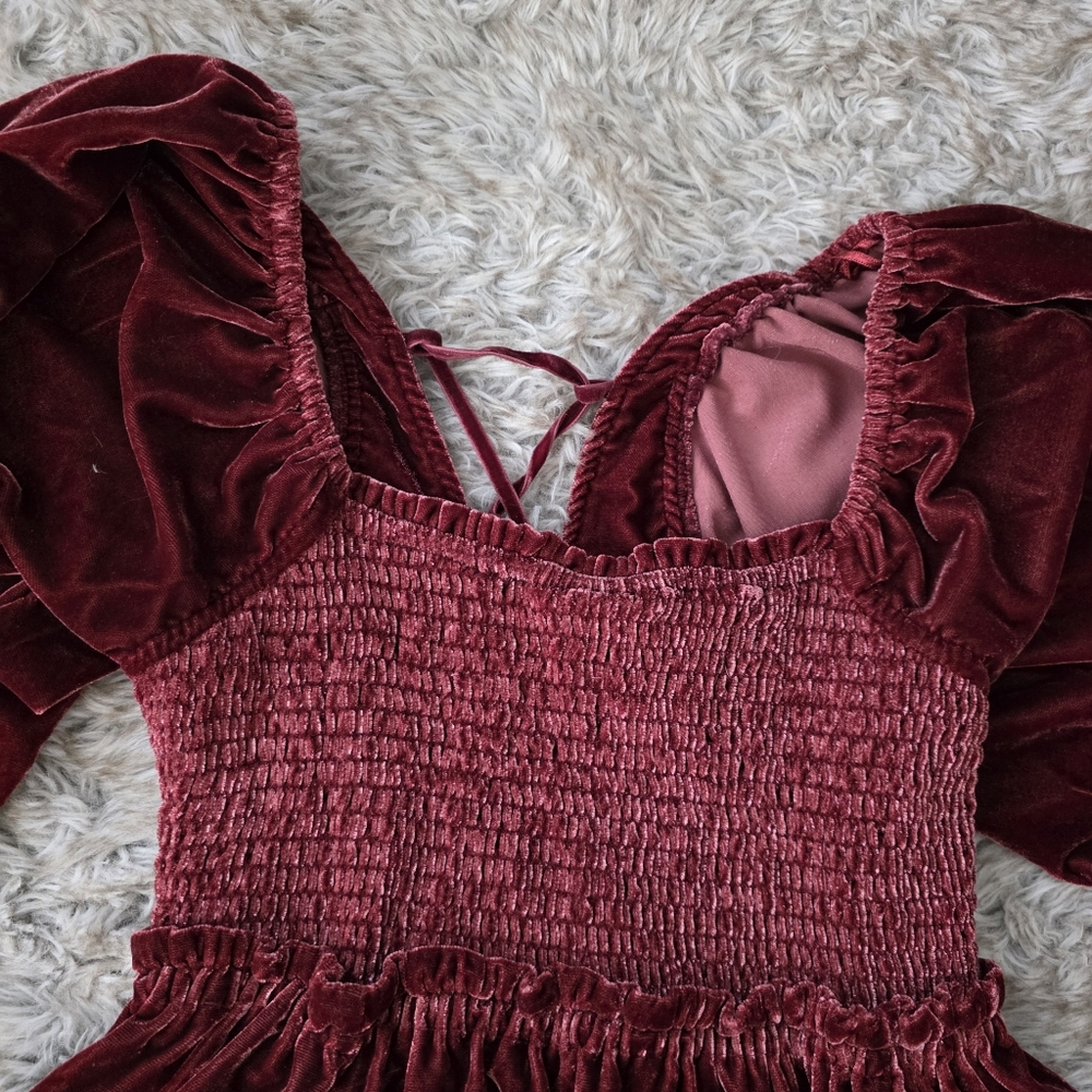 Velvet Smocked Mini Dress - Burgundy - Picture 4 of 16